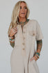 Half Placket Chest Pockets Short Sleeve Wide Leg Jumpsuit